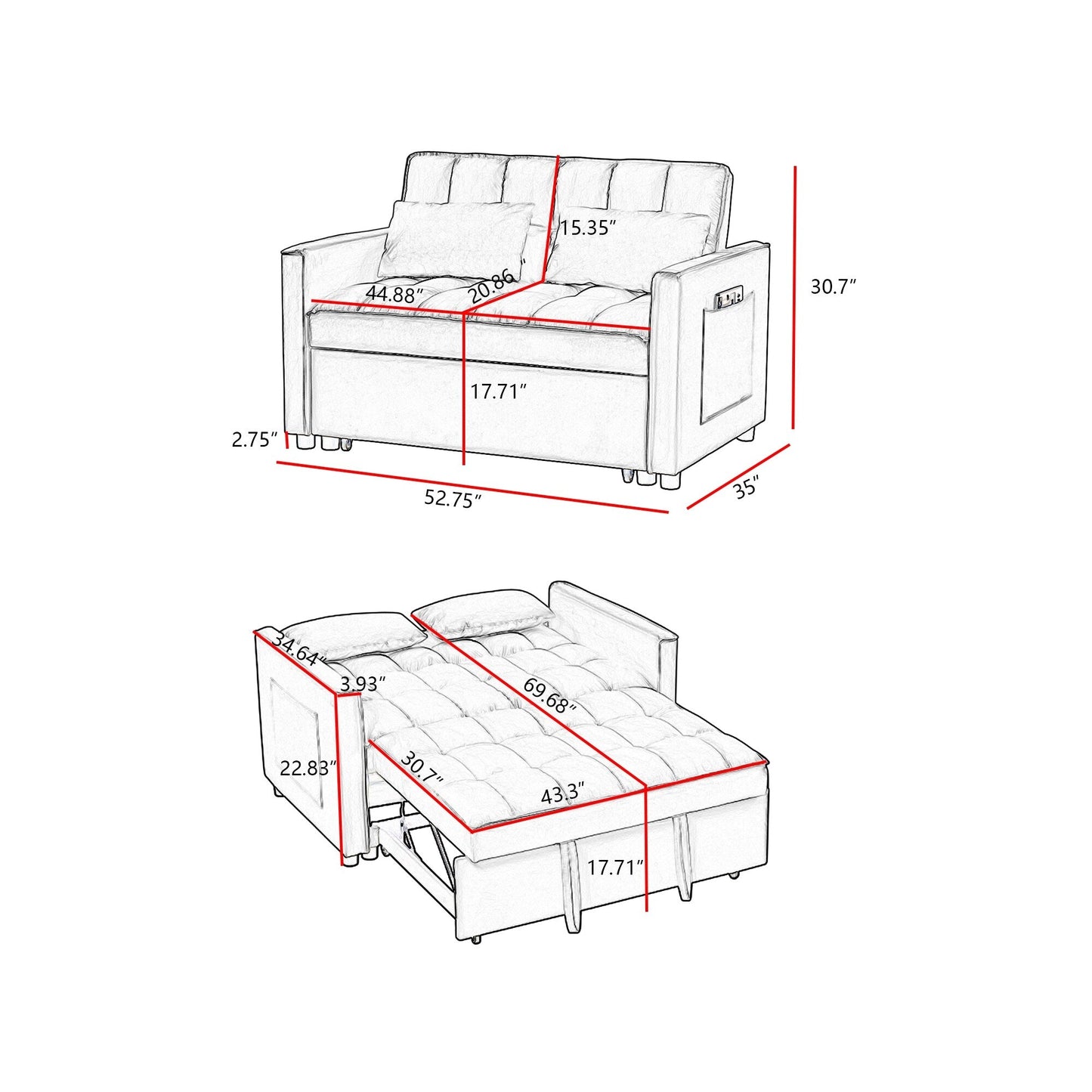 52.75 Velvet Modern 4-Seater Sleeper Sofa with Adjustable Backrest