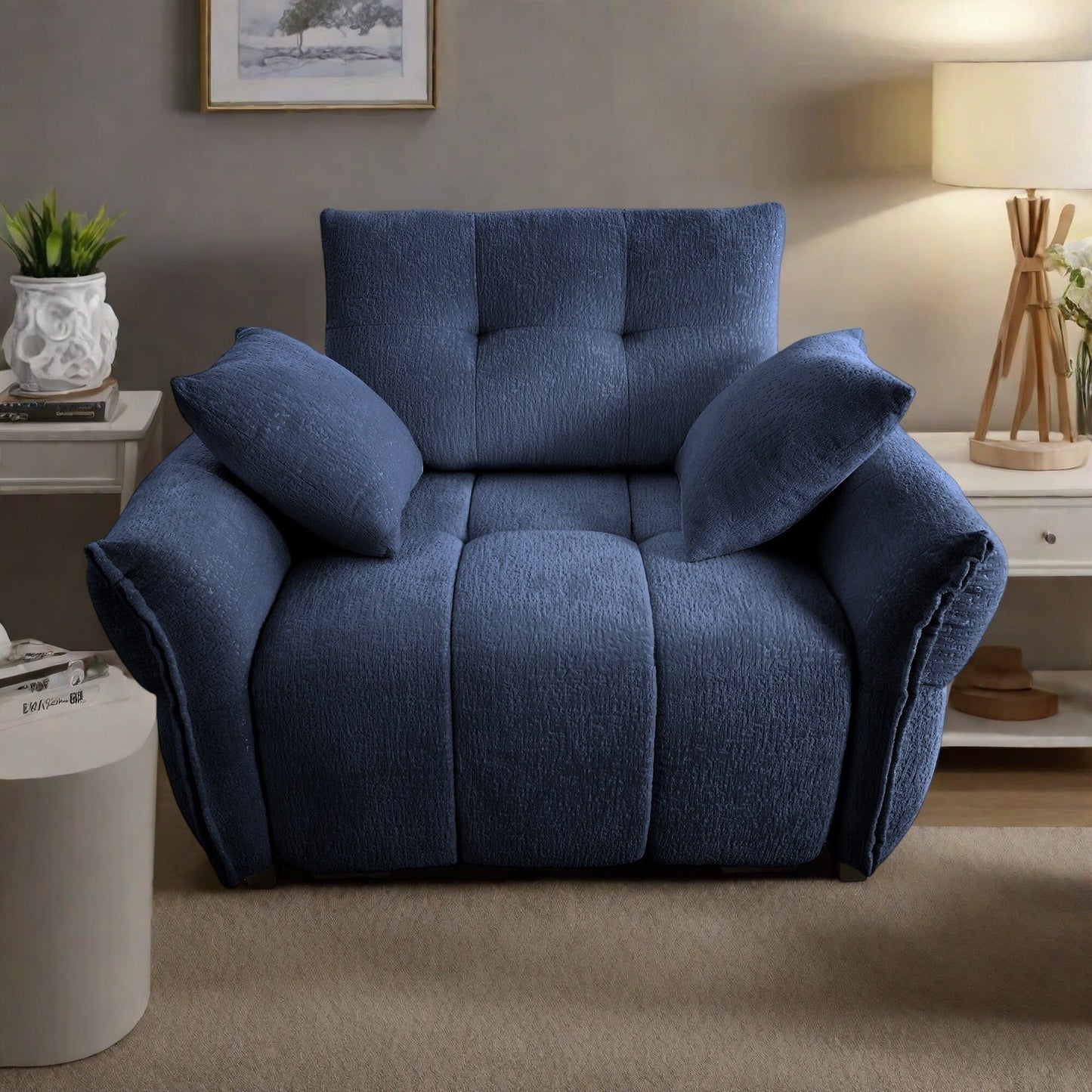 53.94 Chenille 1-Seater Sofa with High-Resilience Support Cushions and Throw Pillows