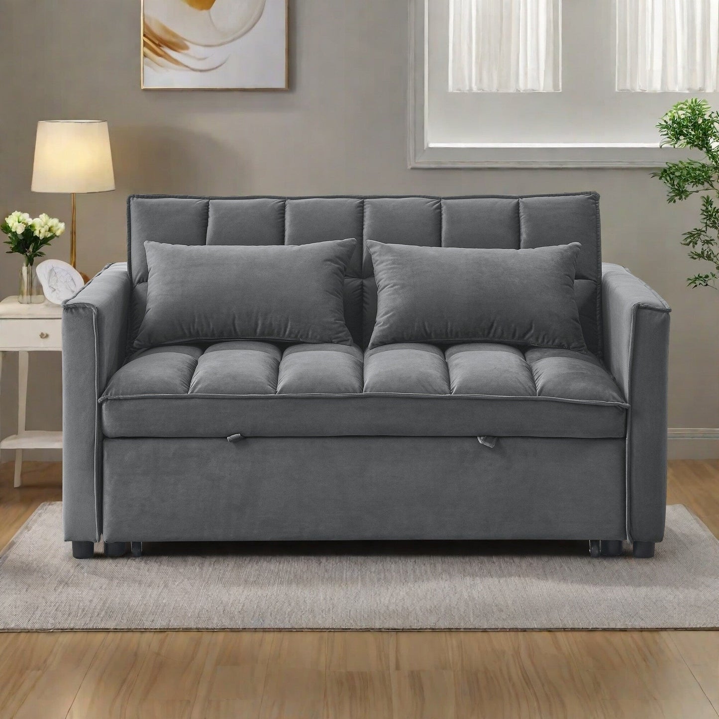 53.94 Velvet 2-Seater Sleeper Sofa with 3-Position Adjustable Backrest and Two Side Pockets