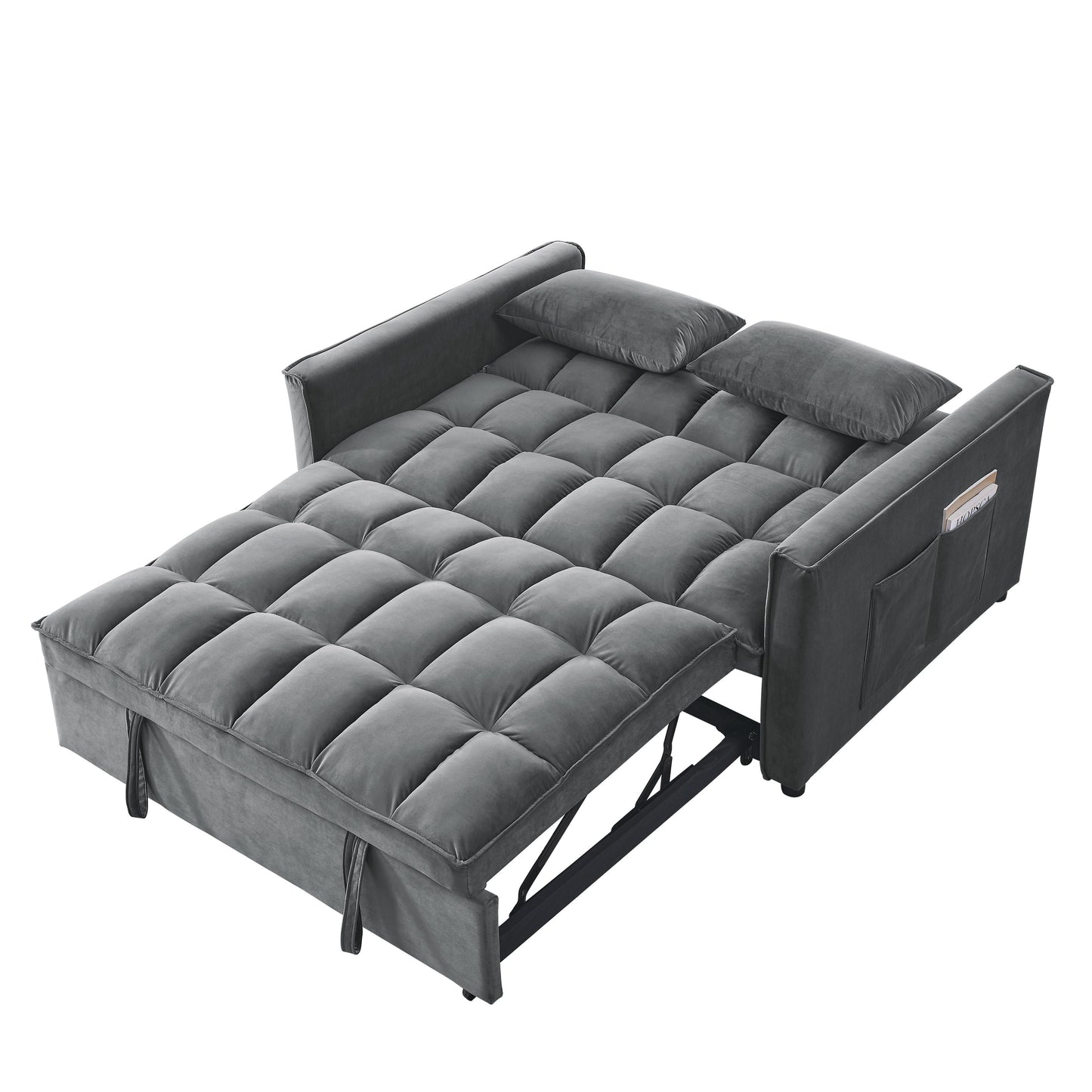 53.94 Velvet 2-Seater Sleeper Sofa with 3-Position Adjustable Backrest and Two Side Pockets