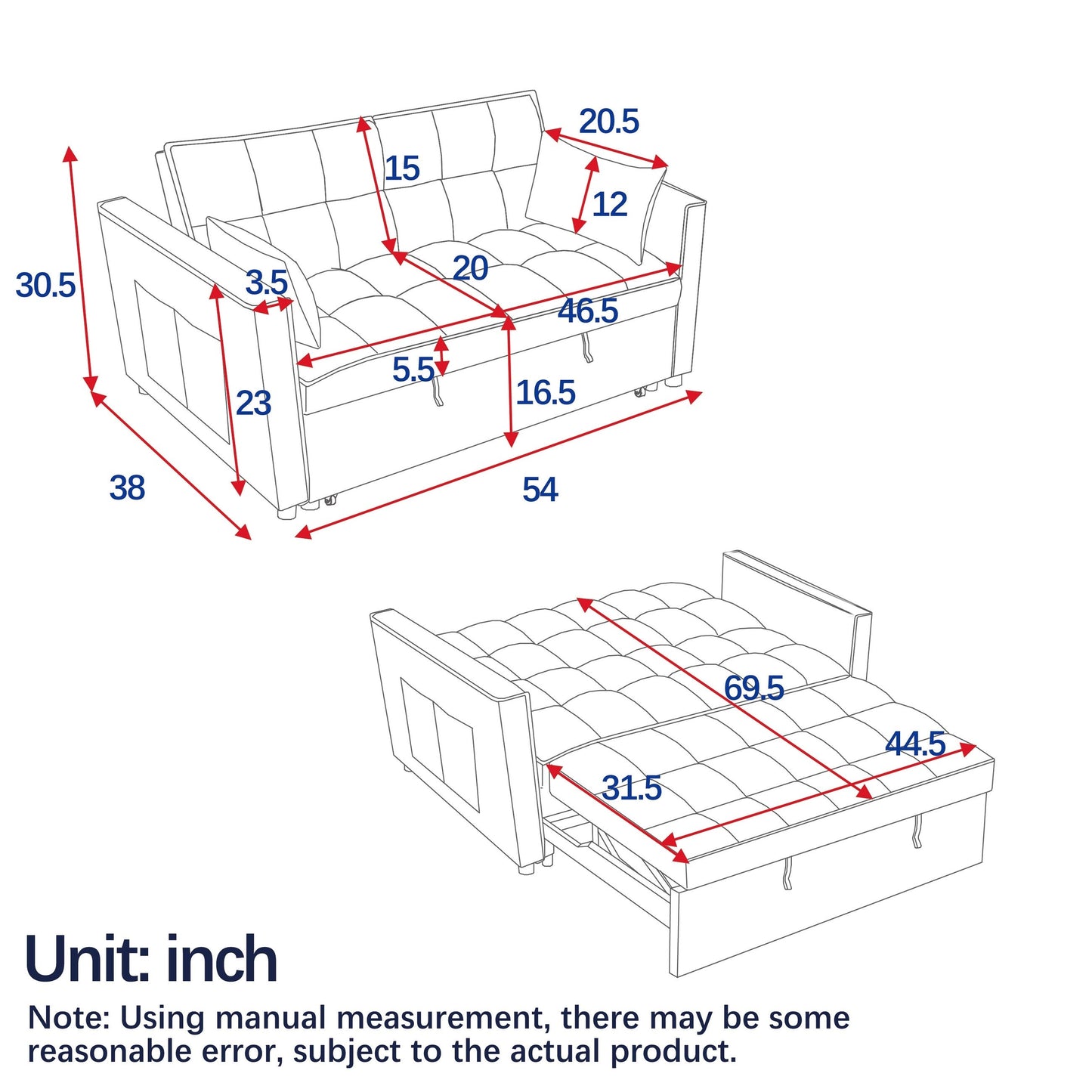 53.94 Velvet 2-Seater Sleeper Sofa with 3-Position Adjustable Backrest and Two Side Pockets