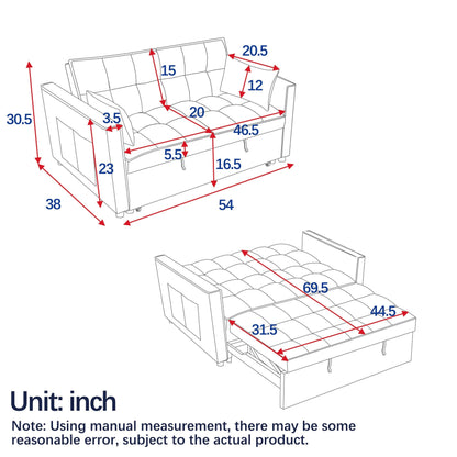 53.94 Velvet 2-Seater Sleeper Sofa with 3-Position Adjustable Backrest and Two Side Pockets