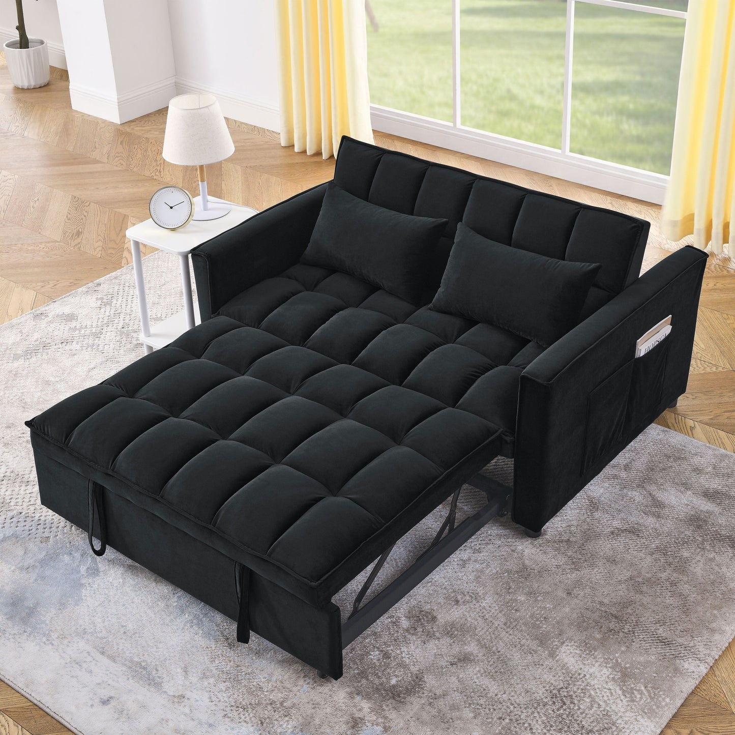 53.94 Velvet 3 in1 Loveseat Pull-Out Sofa Bed withTwo Side Pockets and Adjustable Backrest for Living Room