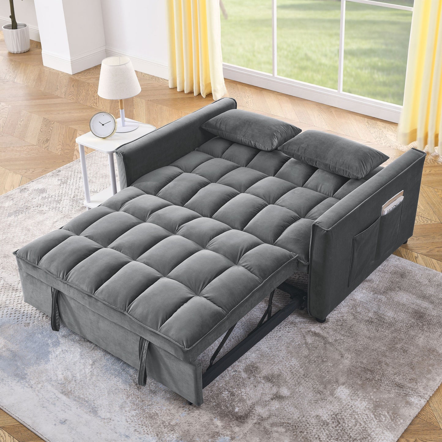 53.94 Velvet 3 in1 Loveseat Pull-Out Sofa Bed withTwo Side Pockets and Adjustable Backrest for Living Room