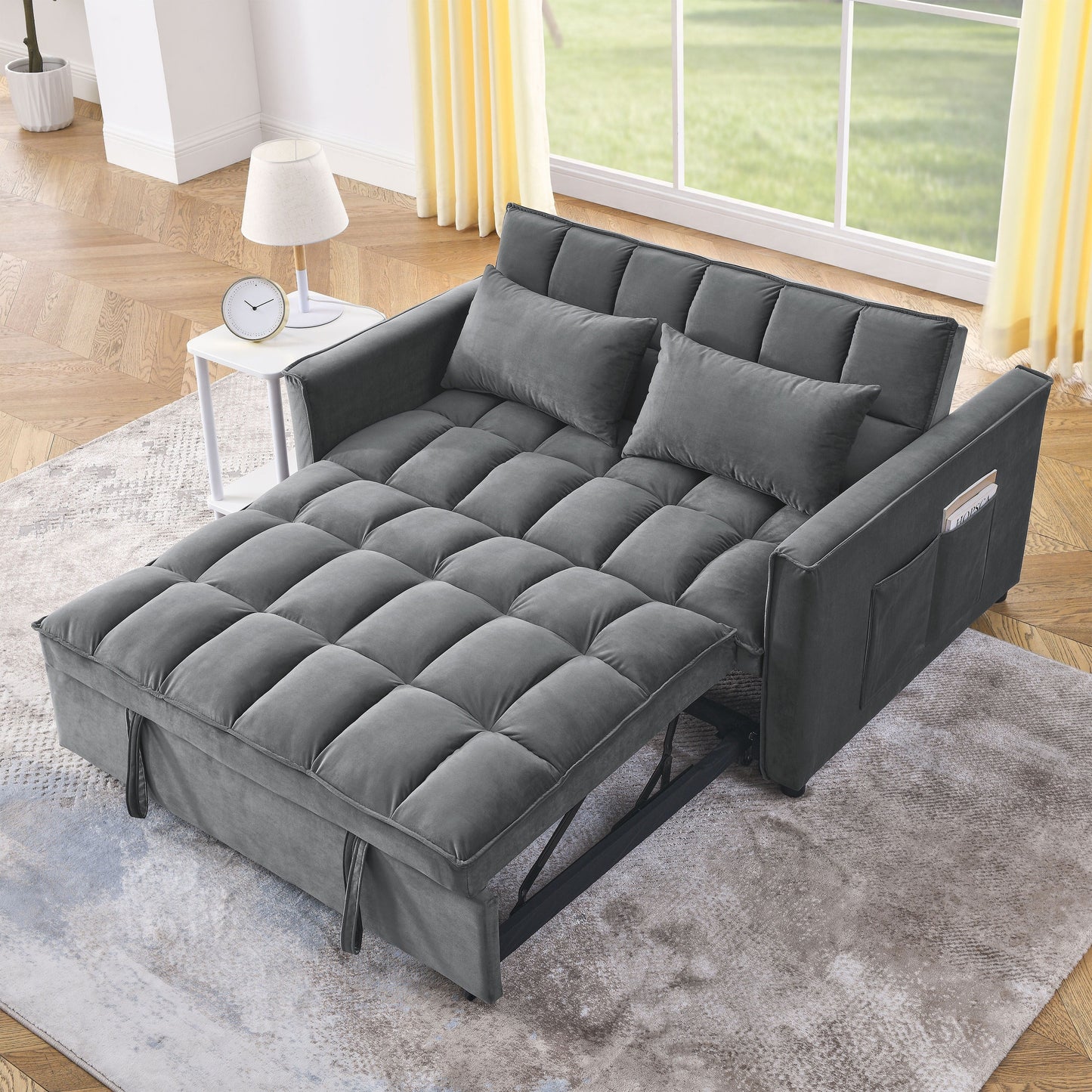 53.94 Velvet 3 in1 Loveseat Pull-Out Sofa Bed withTwo Side Pockets and Adjustable Backrest for Living Room