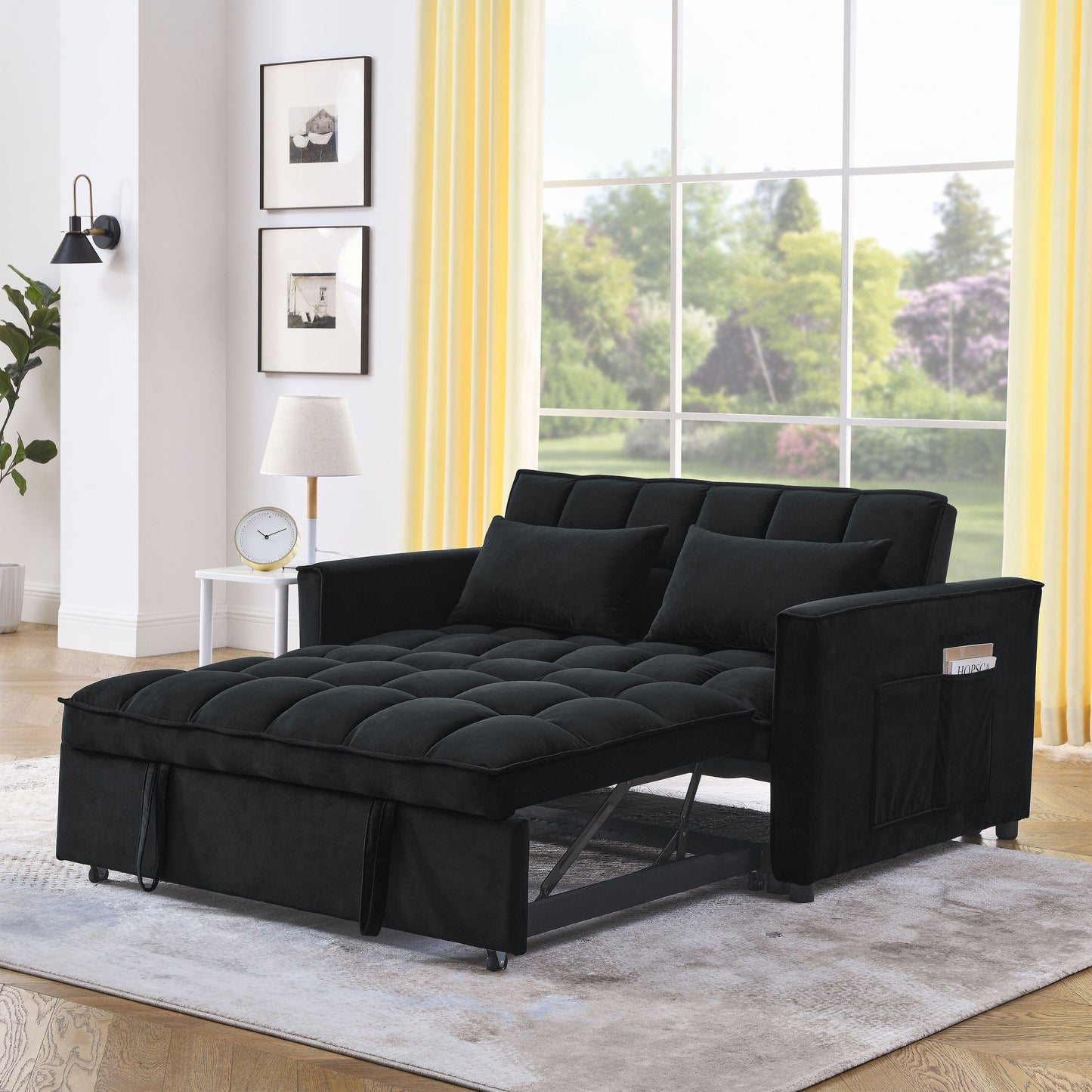 53.94 Velvet 3 in1 Loveseat Pull-Out Sofa Bed withTwo Side Pockets and Adjustable Backrest for Living Room
