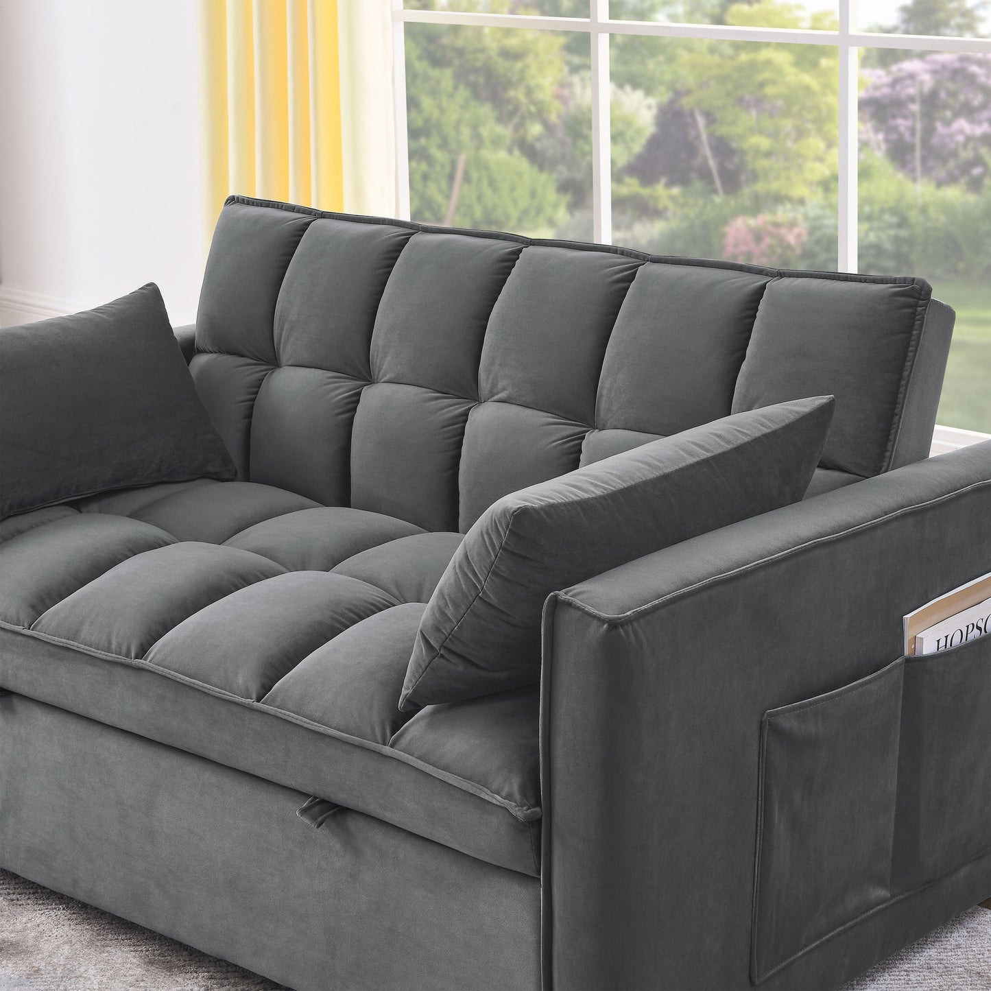53.94 Velvet 3 in1 Loveseat Pull-Out Sofa Bed withTwo Side Pockets and Adjustable Backrest for Living Room