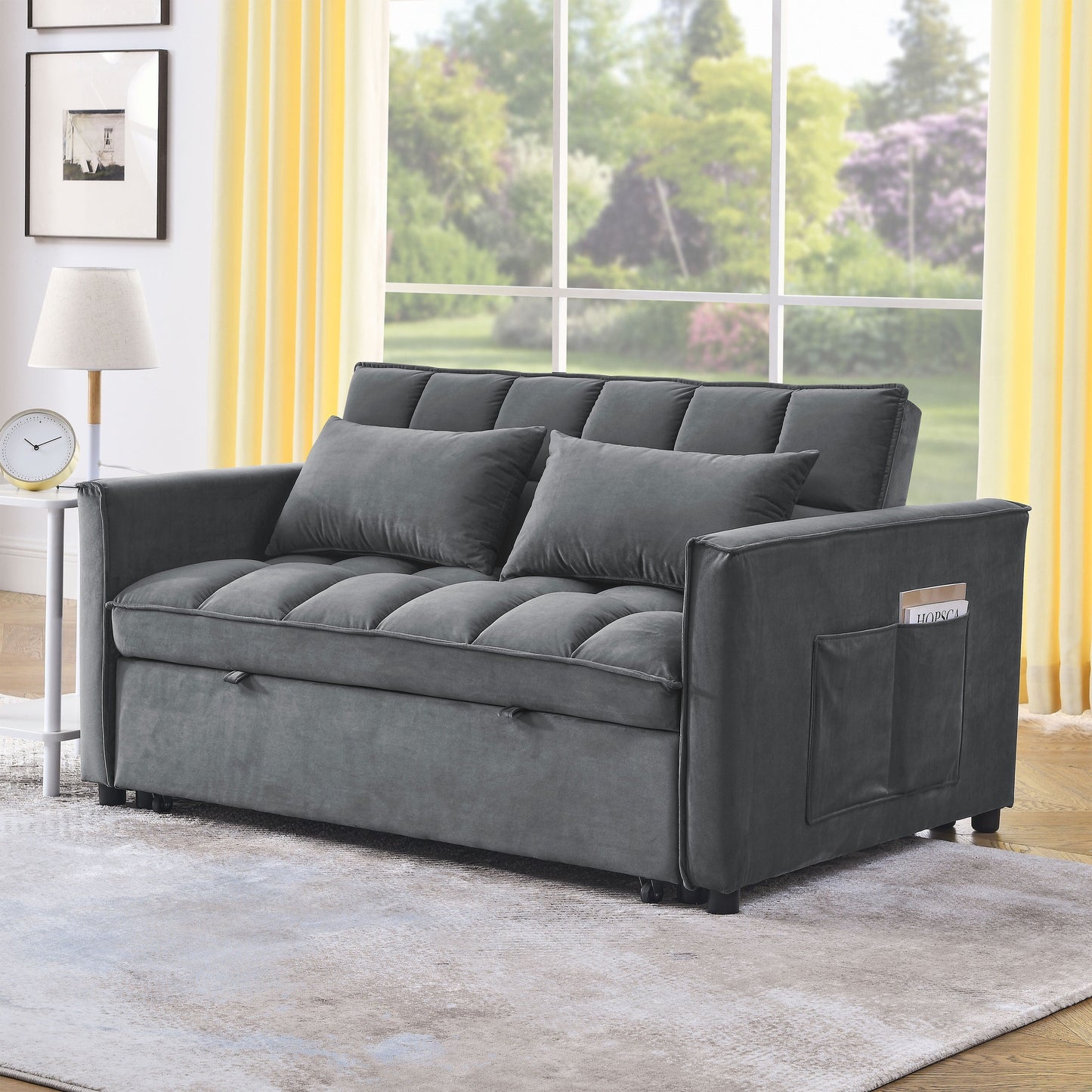 53.94 Velvet 3 in1 Loveseat Pull-Out Sofa Bed withTwo Side Pockets and Adjustable Backrest for Living Room