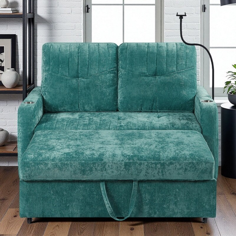 53.9 Chenille Convertible Loveseat with Pull-Out Bed, 3 USB Ports, and Smart Storage
