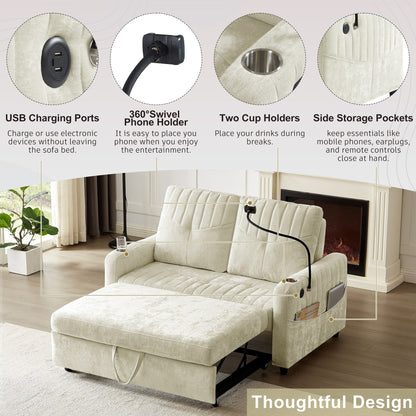53.9 Chenille Convertible Loveseat with Pull-Out Bed, 3 USB Ports, and Smart Storage