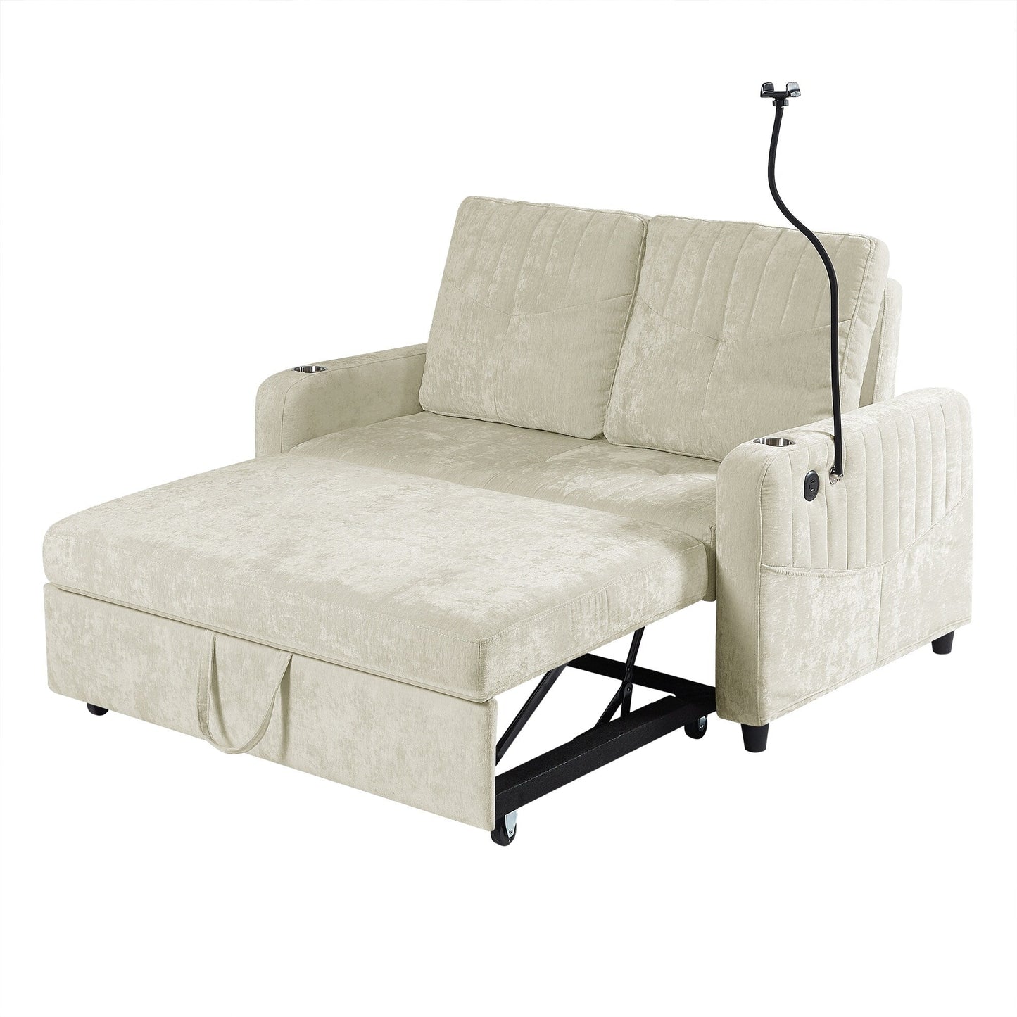 53.9 Chenille Convertible Loveseat with Pull-Out Bed, 3 USB Ports, and Smart Storage