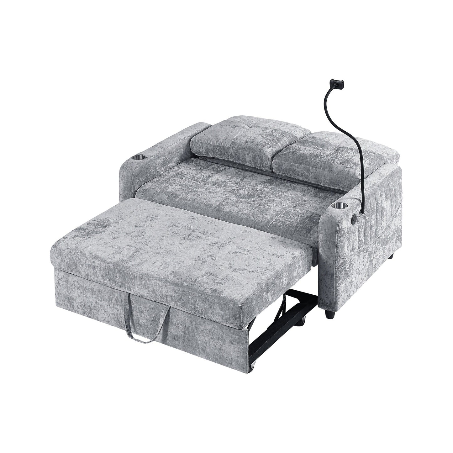 53.9 Chenille Convertible Loveseat with Pull-Out Bed, 3 USB Ports, and Smart Storage