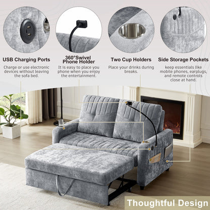 53.9 Chenille Convertible Loveseat with Pull-Out Bed, 3 USB Ports, and Smart Storage