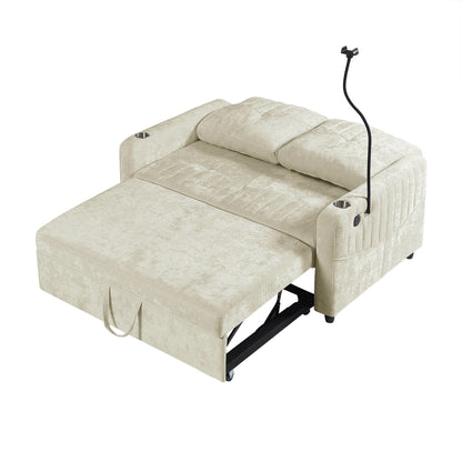 53.9 Chenille Convertible Loveseat with Pull-Out Bed, 3 USB Ports, and Smart Storage