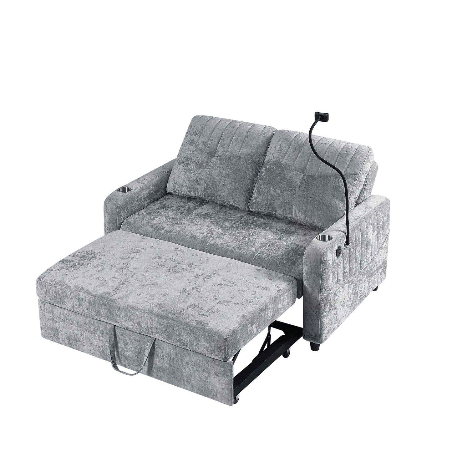 53.9 Chenille Convertible Loveseat with Pull-Out Bed, 3 USB Ports, and Smart Storage