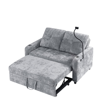 53.9 Chenille Convertible Loveseat with Pull-Out Bed, 3 USB Ports, and Smart Storage
