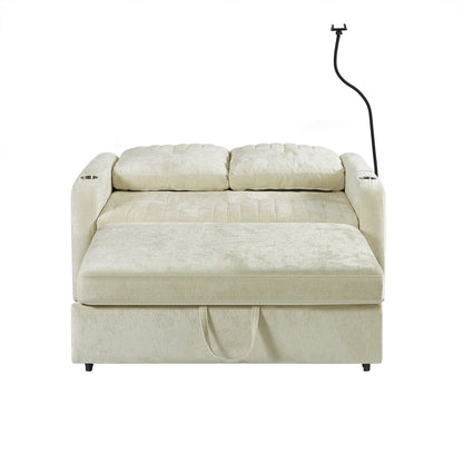 53.9 Chenille Convertible Loveseat with Pull-Out Bed, 3 USB Ports, and Smart Storage