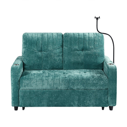 53.9 Chenille Convertible Loveseat with Pull-Out Bed, 3 USB Ports, and Smart Storage