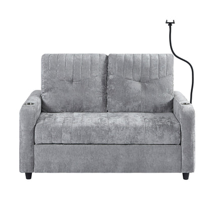 53.9 Chenille Convertible Loveseat with Pull-Out Bed, 3 USB Ports, and Smart Storage