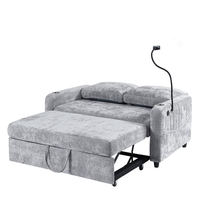 53.9 Chenille Convertible Loveseat with Pull-Out Bed, 3 USB Ports, and Smart Storage