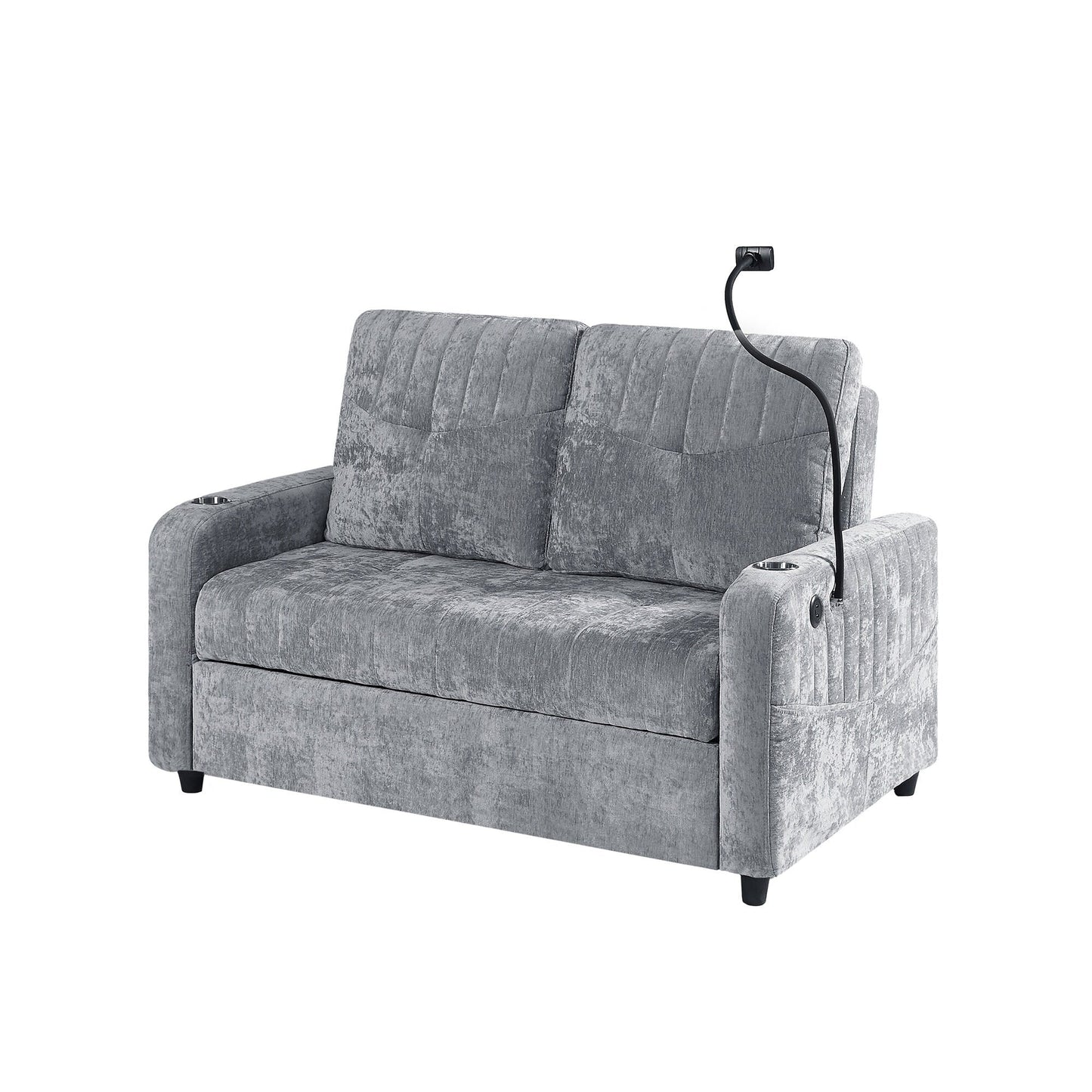 53.9 Chenille Convertible Loveseat with Pull-Out Bed, 3 USB Ports, and Smart Storage