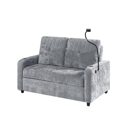 53.9 Chenille Convertible Loveseat with Pull-Out Bed, 3 USB Ports, and Smart Storage