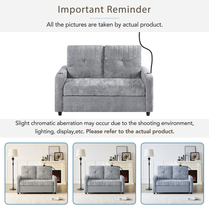 53.9 Chenille Convertible Loveseat with Pull-Out Bed, 3 USB Ports, and Smart Storage