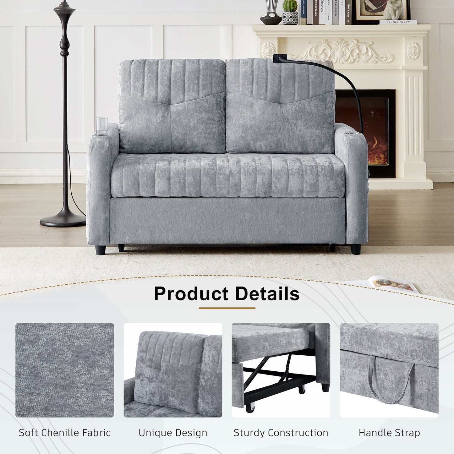 53.9 Chenille Convertible Loveseat with Pull-Out Bed, 3 USB Ports, and Smart Storage
