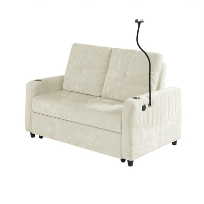53.9 Chenille Convertible Loveseat with Pull-Out Bed, 3 USB Ports, and Smart Storage