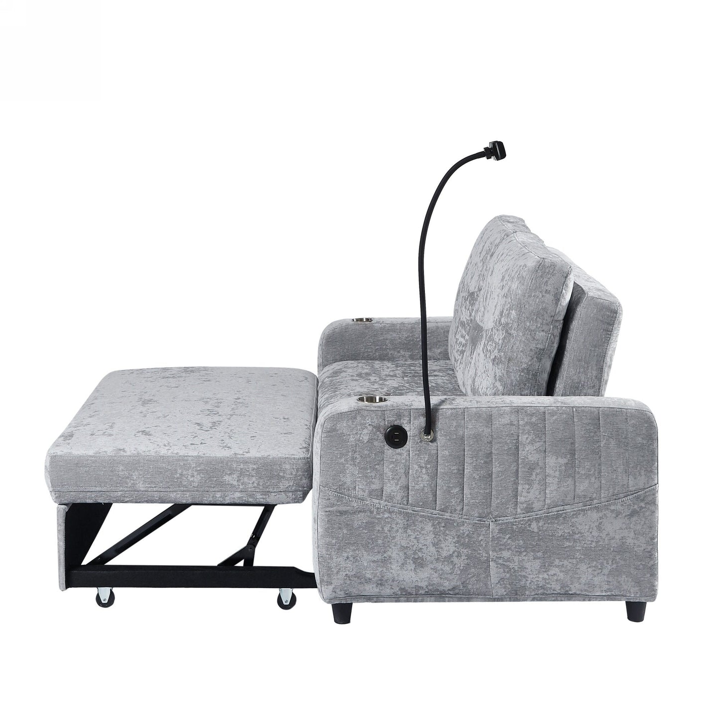 53.9 Chenille Convertible Loveseat with Pull-Out Bed, 3 USB Ports, and Smart Storage