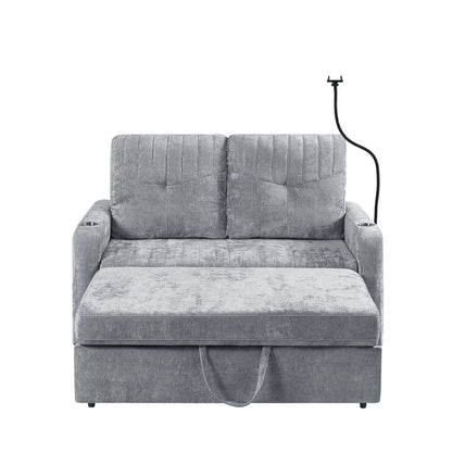53.9 Chenille Convertible Loveseat with Pull-Out Bed, 3 USB Ports, and Smart Storage
