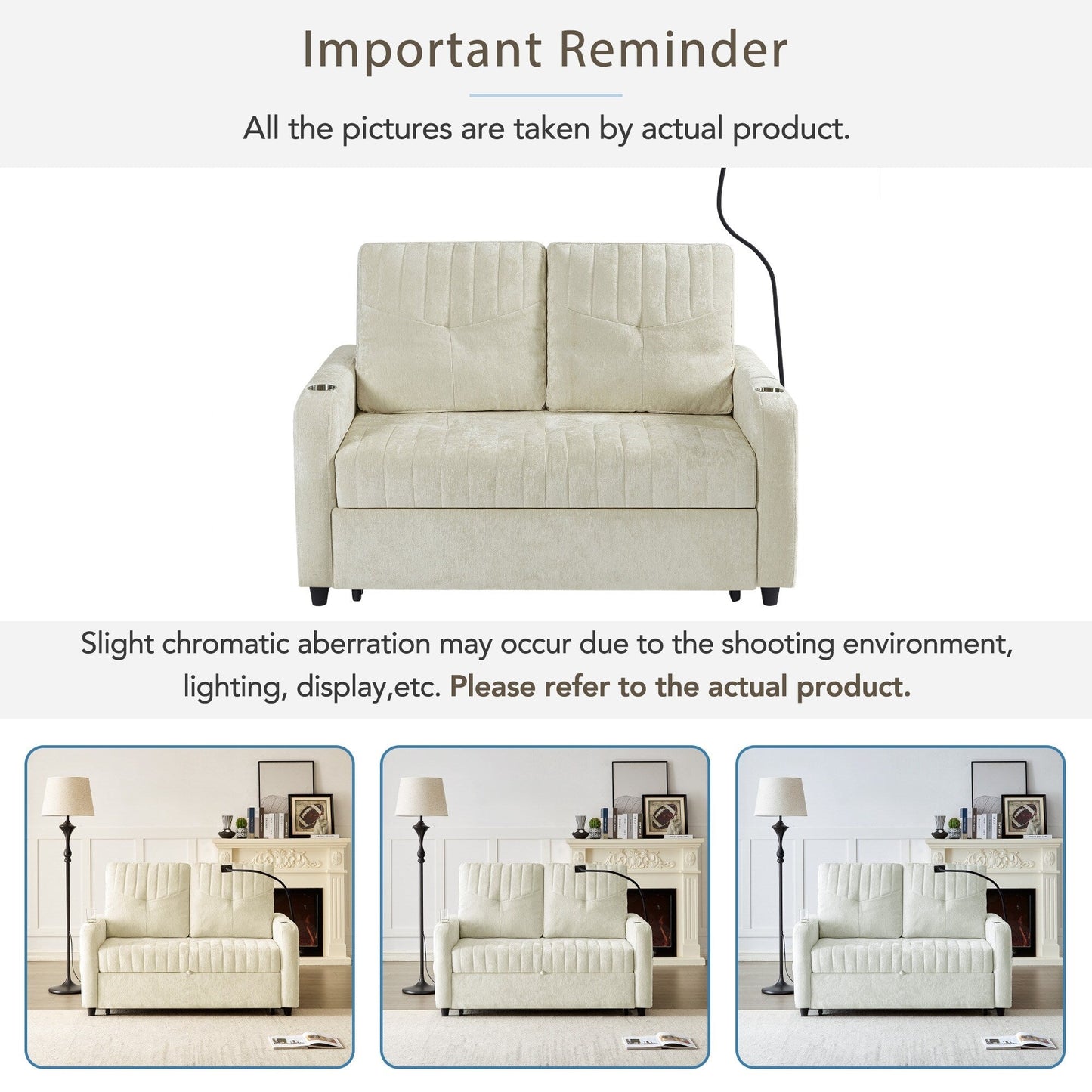 53.9 Chenille Convertible Loveseat with Pull-Out Bed, 3 USB Ports, and Smart Storage