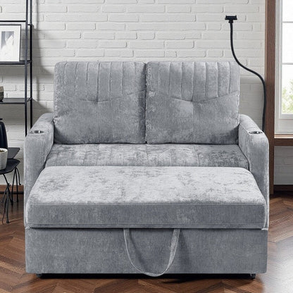 53.9 Chenille Convertible Loveseat with Pull-Out Bed, 3 USB Ports, and Smart Storage