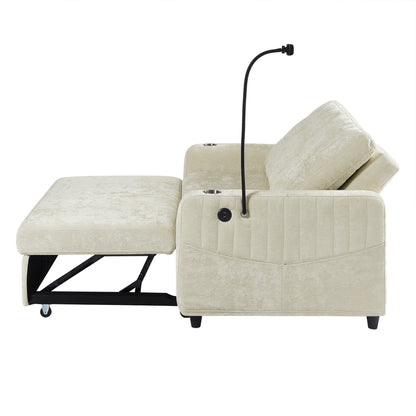 53.9 Chenille Convertible Loveseat with Pull-Out Bed, 3 USB Ports, and Smart Storage