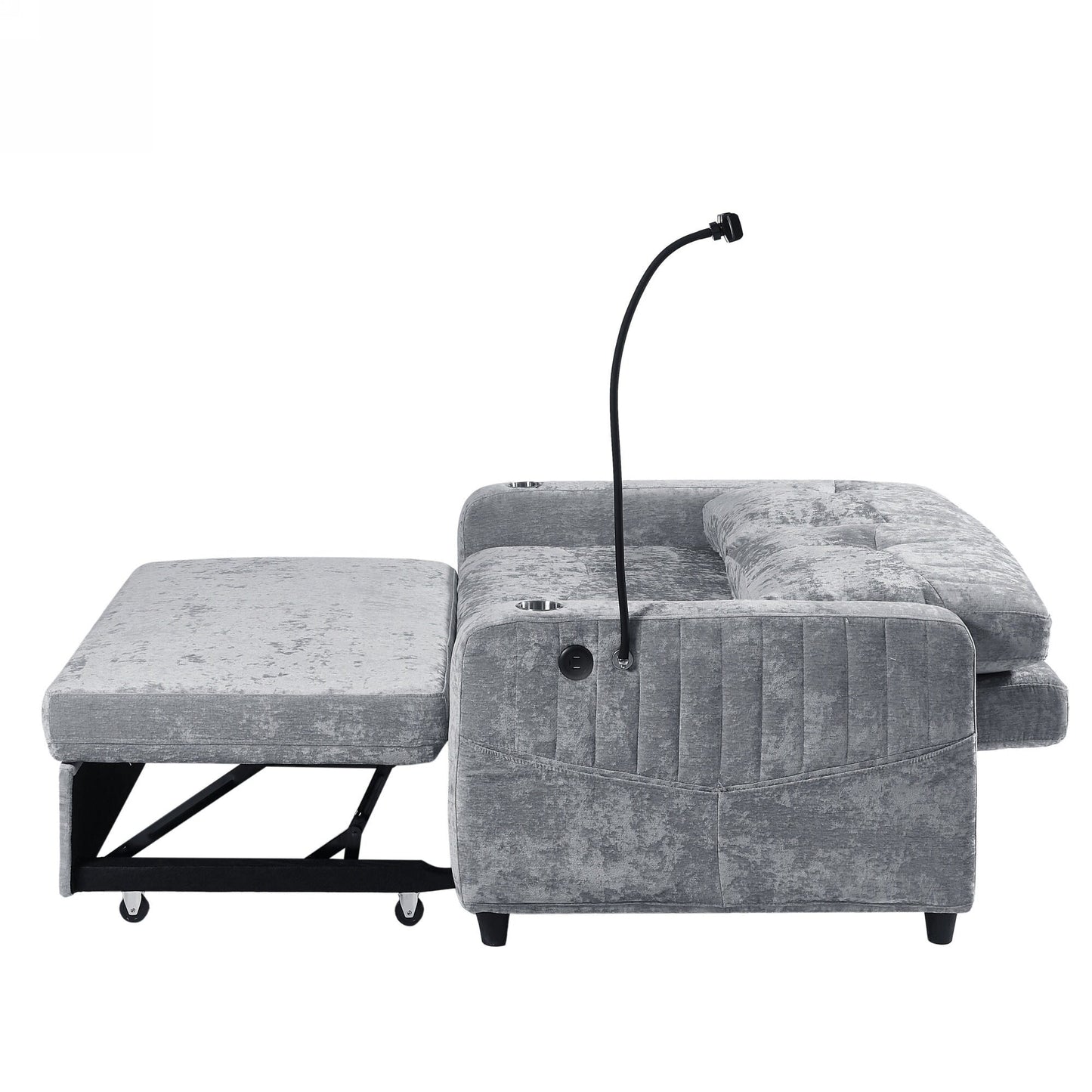 53.9 Chenille Convertible Loveseat with Pull-Out Bed, 3 USB Ports, and Smart Storage