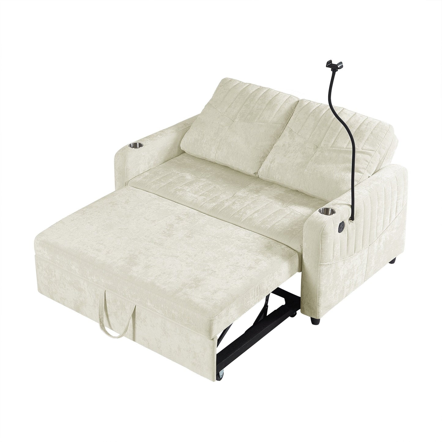 53.9 Chenille Convertible Loveseat with Pull-Out Bed, 3 USB Ports, and Smart Storage