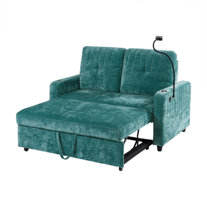 53.9 Chenille Convertible Loveseat with Pull-Out Bed, 3 USB Ports, and Smart Storage