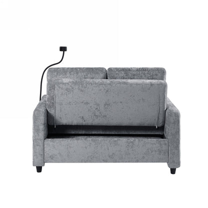 53.9 Chenille Convertible Loveseat with Pull-Out Bed, 3 USB Ports, and Smart Storage