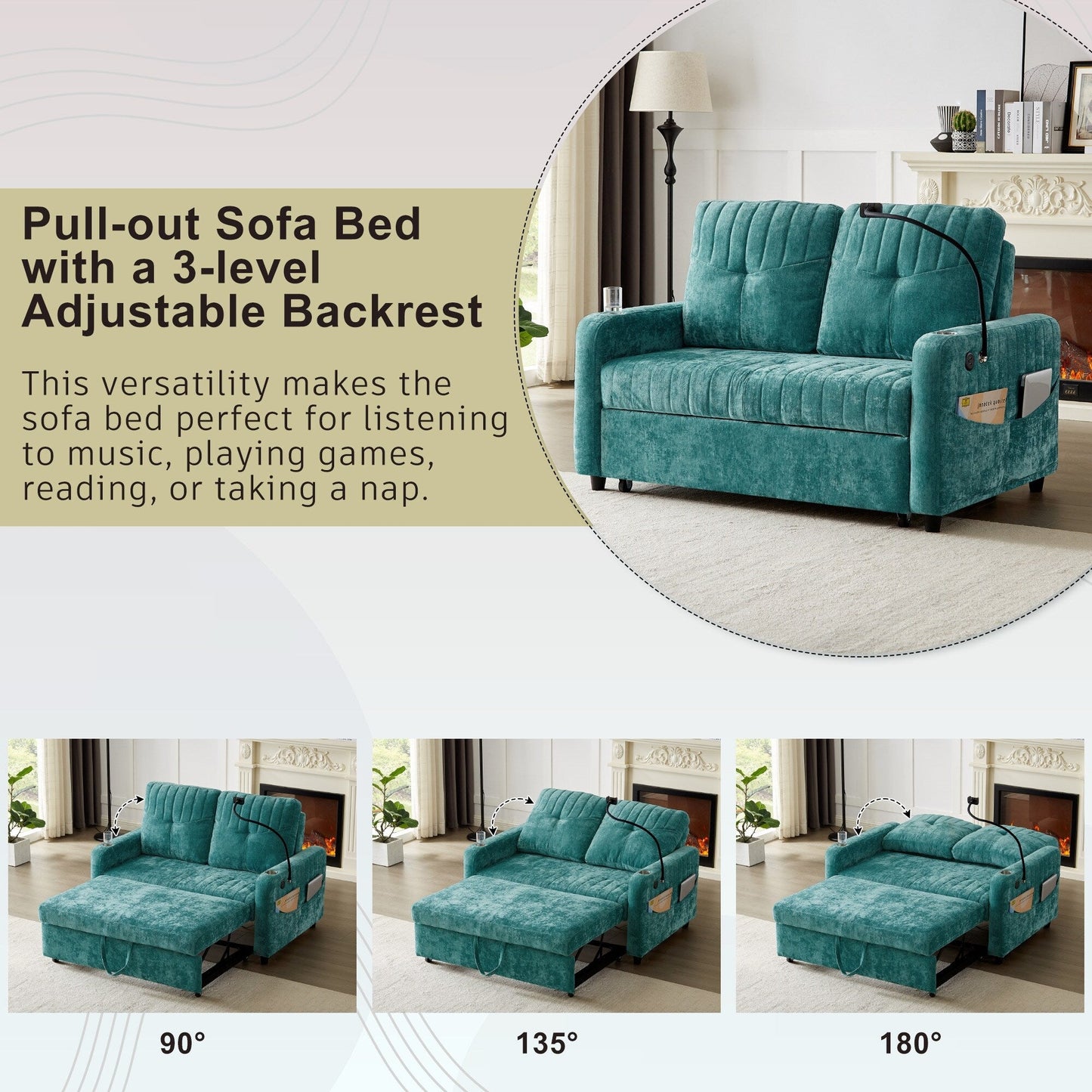 53.9 Chenille Convertible Loveseat with Pull-Out Bed, 3 USB Ports, and Smart Storage
