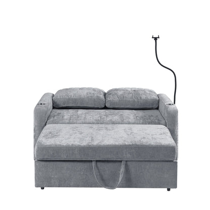 53.9 Chenille Convertible Loveseat with Pull-Out Bed, 3 USB Ports, and Smart Storage