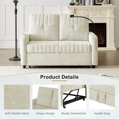 53.9 Chenille Convertible Loveseat with Pull-Out Bed, 3 USB Ports, and Smart Storage