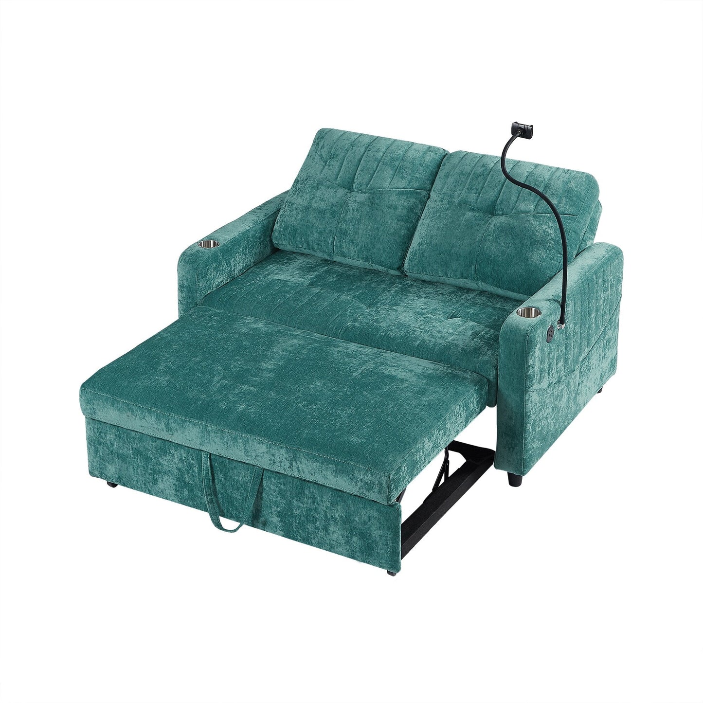 53.9 Chenille Convertible Loveseat with Pull-Out Bed, 3 USB Ports, and Smart Storage