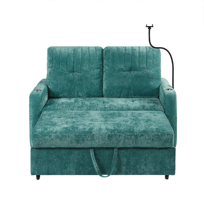 53.9 Chenille Convertible Loveseat with Pull-Out Bed, 3 USB Ports, and Smart Storage