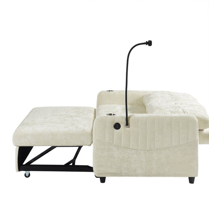 53.9 Chenille Convertible Loveseat with Pull-Out Bed, 3 USB Ports, and Smart Storage