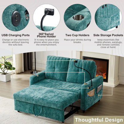 53.9 Chenille Convertible Loveseat with Pull-Out Bed, 3 USB Ports, and Smart Storage