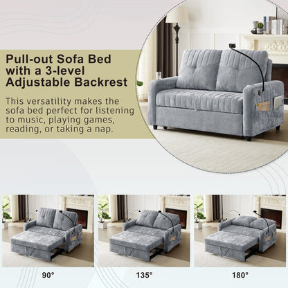 53.9 Chenille Convertible Loveseat with Pull-Out Bed, 3 USB Ports, and Smart Storage