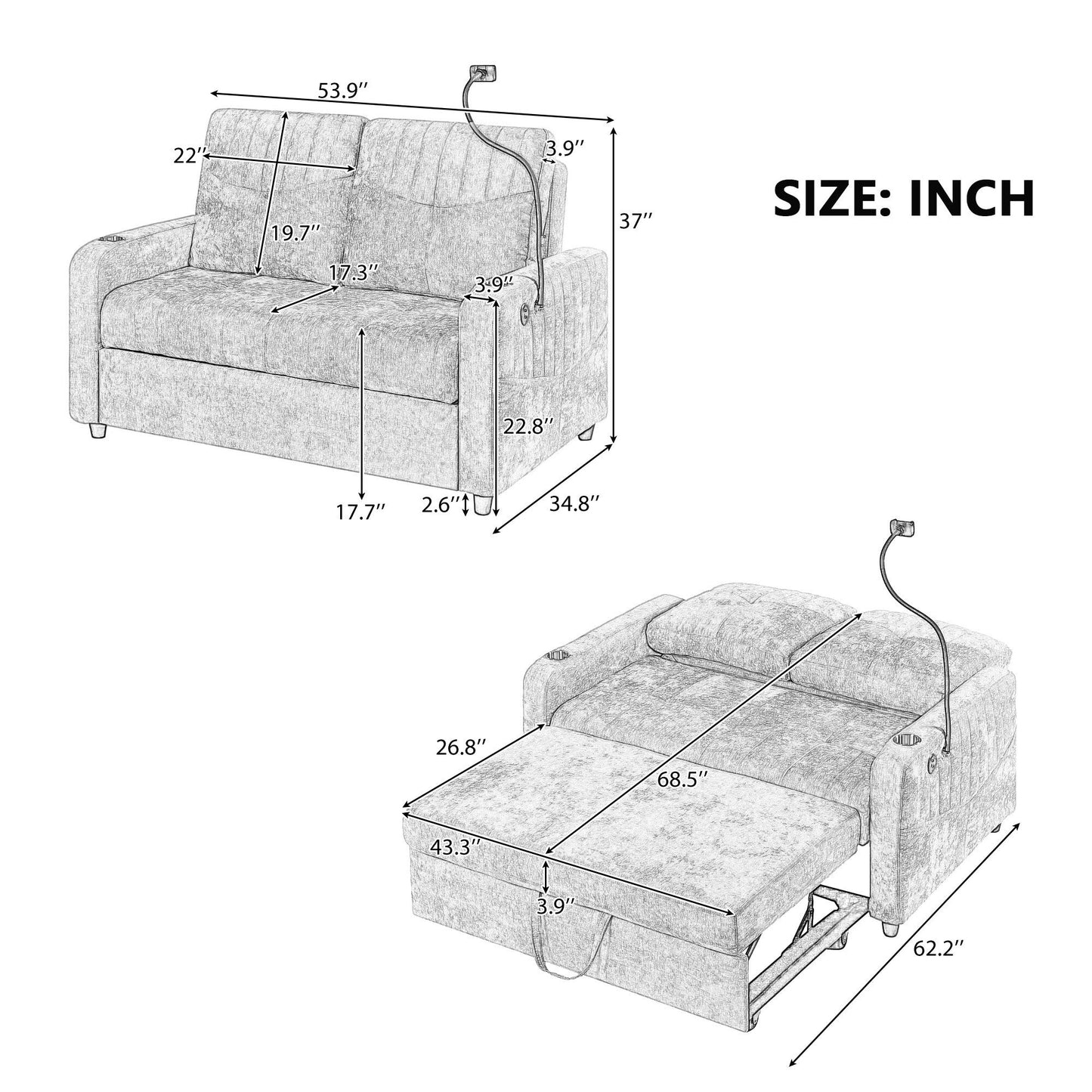 53.9 Chenille Convertible Loveseat with Pull-Out Bed, 3 USB Ports, and Smart Storage