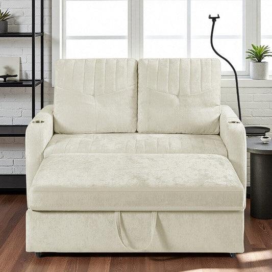 53.9 Chenille Convertible Loveseat with Pull-Out Bed, 3 USB Ports, and Smart Storage