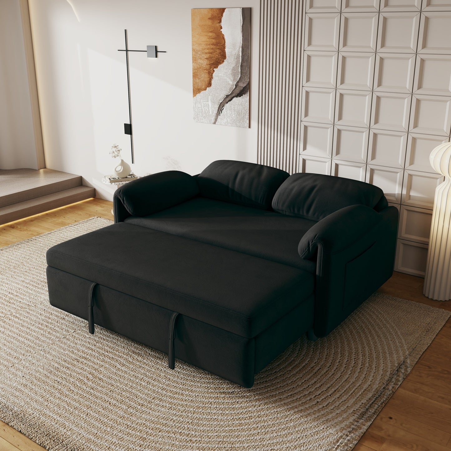 54-Inch Velvet Sofa Bed - Multi-Purpose Design with Retractable Queen Bed and Armrest Storage