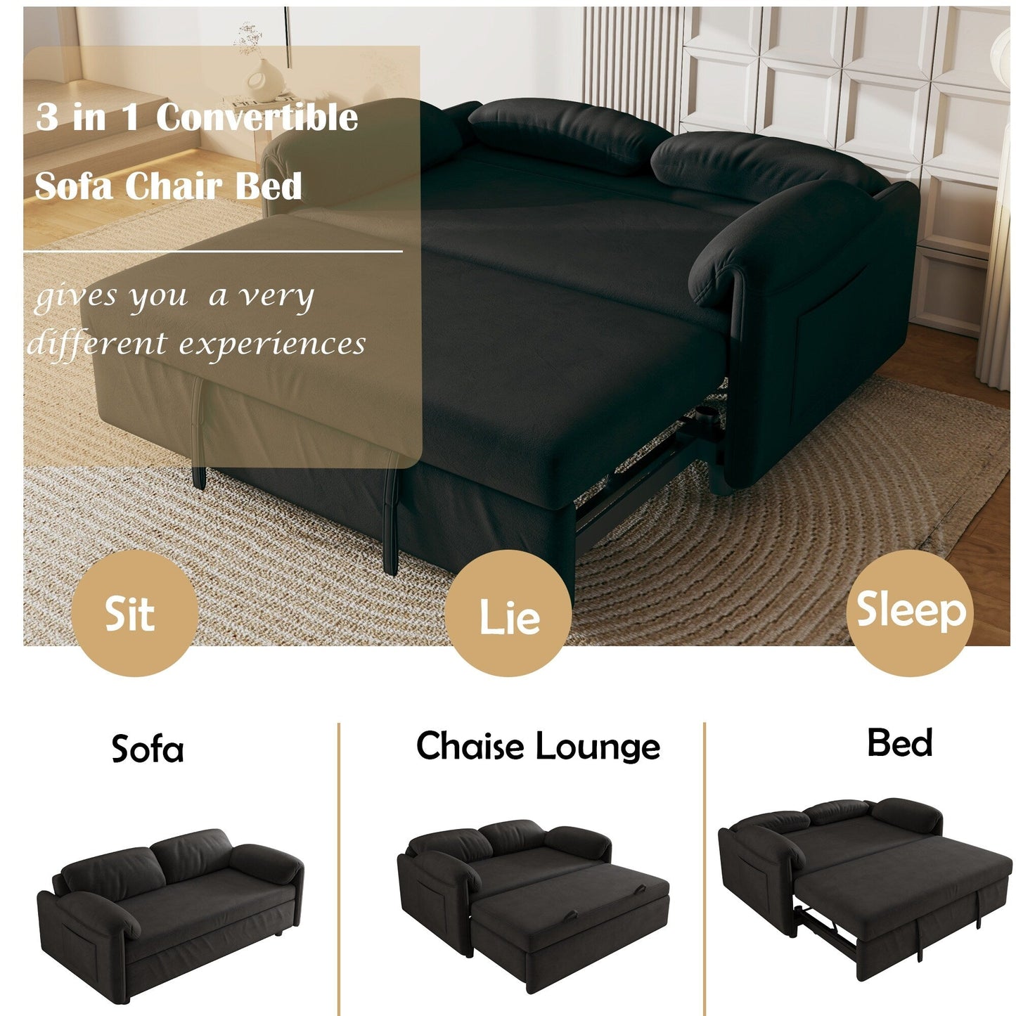 54-Inch Velvet Sofa Bed - Multi-Purpose Design with Retractable Queen Bed and Armrest Storage